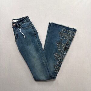 Bamboo Jeans Flare Pants Gothic Cross Appliqué Blue Denim‎ Womens Size 00